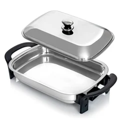 16-Inch Electric Skillet - Rectangular Stainless Steel Pan With Handles And Lid Cover
