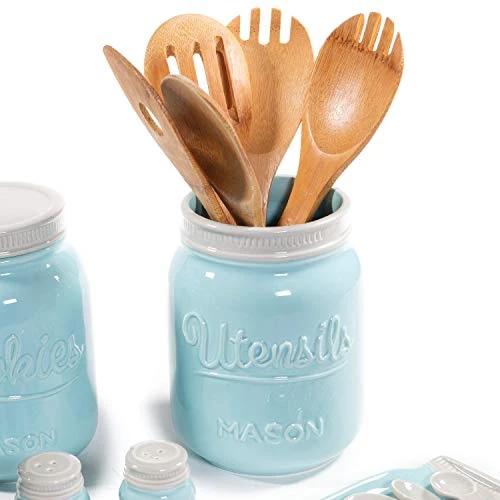 Wide Mouth Mason Utensil Holder - Large Ceramic Kitchen Utensil Holder - Rustic Farmhouse Caddy Organizer For Cooking Utensils, Spatula, Accessories - Beautiful Farm House Countertop Crock Decor 2 Wide Mouth Mason Utensil Holder - Large Ceramic Kitchen Utensil Holder - Rustic Farmhouse Caddy Organizer For Cooking Utensils, Spatula, Accessories - Beautiful Farm House Countertop Crock Decor - Image 2