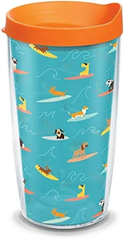 Tervis Surf Dogs Insulated Tumbler With Wrap And Orange Lid, 16oz, Clear