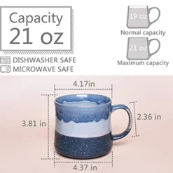 Large Ceramic Coffee Mug, Big Tea Cup For Office And Home, 21 Oz, Dishwasher And Microwave Safe, 1 PCS… (Blue)