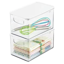 Plastic Deep Storage Bin Box Container With Lid And Built-In Handles - Organization For Fruit, Snacks, Or Food In Kitchen Pantry, Cabinet, Or Cupboard, Ligne Collection, 2 Pack, Clear/White