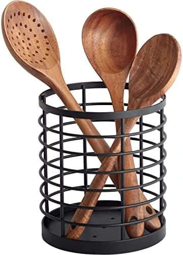 Utensil Holder For Kitchen Counter - 5.2" X 5.2" X 6" Large Round Utensils Holder With Wooden Base Matte Black Cooking Utensil Holder,Kitchen Countertop Utensil Organizer (Metal+Bamboo) 4 Utensil Holder For Kitchen Counter - 5.2" X 5.2" X 6" Large Round Utensils Holder With Wooden Base Matte Black Cooking Utensil Holder,Kitchen Countertop Utensil Organizer (Metal+Bamboo) - Image 4