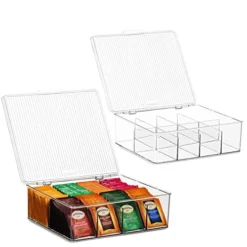 2 Pack Large Stackable Plastic Tea Bag Organizer - Storage Bin Box For Kitchen Cabinets, Countertops, Pantry - Holds Beverage Bags, Cups, Pods, Packets, Condiment Accessories Holder