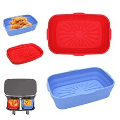2-Pack Silicone Air Fryer Liners 8 Inch Reusable Silicone Air Fryer Basket For 4 To 7 QT Air Fryer Inserts For Oven Microwave Accessories (Red+Blue)（recTangle）