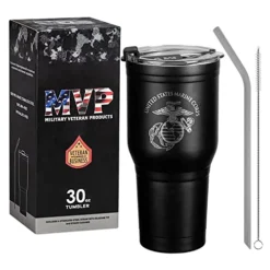 30 Oz USMC Black Double Wall Vacuum Insulated Stainless Steel Tumbler Travel Mug - USMC Vet Owned Business