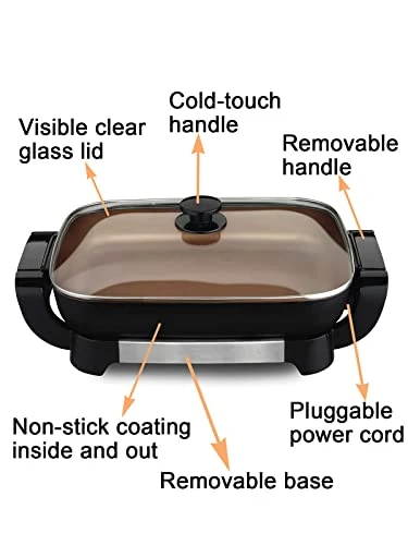 Ceramic Electric Skillet With Lids - With Removable Pan, Adjustable Temperature & Reversible Design, Nozaya 5 Ceramic Electric Skillet With Lids - With Removable Pan, Adjustable Temperature & Reversible Design, Nozaya - Image 5