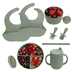 Baby Led Weaning Supplies - Silicone Baby Feeding Set - Suction Bowl Divided Plate Straw Sippy Cup - Toddler Self Feeding Eating Utensils Dish Set With Bibs Spoon Fork - 6 Months