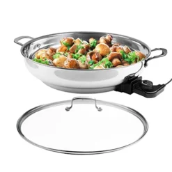Electric Skillet By Cucina Pro - 18/10 Stainless Steel Frying Pan With Tempered Glass Lid And Handle, 16" Round With Adjustable Temperature Control Probe, Portable, Includes Recipe Guide, Great Gift -Kitchen Island Sale 41XrD5h3odL