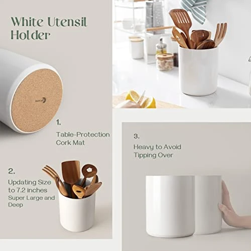 White Utensil Holder, Large Utensil Holder For Kitchen Counter (H7.2” X W6.2”), Ceramic Cooking Utensil Crock For Kitchen Decor, Anti-Scratches And Stable, Handmade DIY Gifts For Moms 6 White Utensil Holder, Large Utensil Holder For Kitchen Counter (H7.2” X W6.2”), Ceramic Cooking Utensil Crock For Kitchen Decor, Anti-Scratches And Stable, Handmade DIY Gifts For Moms - Image 6