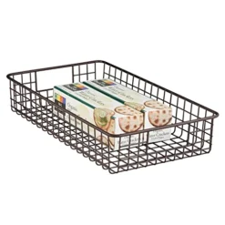 Metal Wire Food Storage Shallow Bin Basket With Handles For Organizing Kitchen Cabinets, Counter, Pantry Shelf - Perfect For Snacks, Drinks - Concerto Collection - Bronze