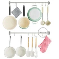 Wallniture Lyon 31.5" Wall Mount Kitchen Utensil Holder With 10 S Hooks For Hanging Pots And Pans Set Of 2