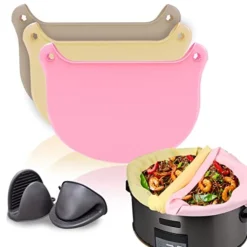 3 Pack Silicone Slowcooker Liners Reusable For 6-8 Qt Crockpot, Leakproof & Easy Clean Cookers Bags, Food Grade Silicone Crock Pot Liner, Slow Cooker Liners Oval Or Round Pot(Skin+ Pink+ Yellow)