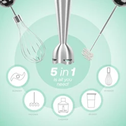 5-in-1 Immersion Blender - 9 Speed Ultra Powerful Stainless Steel Hand Mixer For Kitchen - Electric Handheld Stick Frother - Chop/Grind/Whisk/Froth/Blend - Turbo Mode - Food Grinder + Container