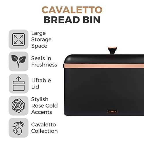 Tower T826130BLK Cavaletto Bread Bin Storage, Carbon Steel, Removable Lid, Black And Rose Gold 2 Tower T826130BLK Cavaletto Bread Bin Storage, Carbon Steel, Removable Lid, Black And Rose Gold - Image 2