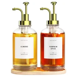 Coffee Syrup Dispenser Set W Bamboo Tray, Glass Syrup Bottles W Pump And 24 Labels, Coffee Bar Accessories, Syrup Dispenser For Coffee Bar, 2 Pack 16.9 Oz, Gold