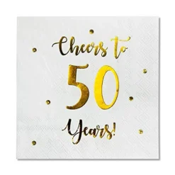 Cheers To 50 Years Cocktail Napkins | Happy 50th Birthday Decorations For Men And Women And Wedding Anniversary Party Decorations | 50-Pack 3-Ply Napkins | 5 X 5 Inch Folded (White)