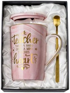 Unique Teacher Appreciation Gifts For Women - Best Teacher Christmas Gifts For Teachers, 14oz Pink Marble Ceramic Coffee Mug Printed With Gold, Retirement Birthday Ideas, End Of The Year, Gift Boxed
