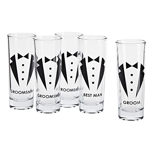 Set Of 5 Groomsmen Shot Glasses With Tuxedos For Bachelor Party Decorations And Favors Or Groomsmen Gifts, Wedding Shot Glasses, Heavy Base For Tequila, Whiskey, Vodka (2 Oz Each) 1 Set Of 5 Groomsmen Shot Glasses With Tuxedos For Bachelor Party Decorations And Favors Or Groomsmen Gifts, Wedding Shot Glasses, Heavy Base For Tequila, Whiskey, Vodka (2 Oz Each)