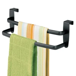 Over-Door Cabinet Towel Holder - Kitchen Cabinet Double Towel Bar Rack - Over Cabinet Towel Bar Hanger For Hand, Dish, And Tea Towels - 9.84" Wide - Spira Collection - Matte Black