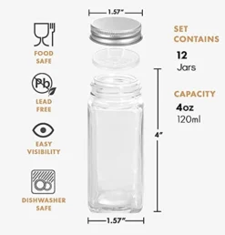 OYALHOUSE 12 Pcs Glass Spice Jars/Bottles - 4oz Empty Square Spice Containers With Spice Labels And Airtight Metal Caps With Shaker Lids