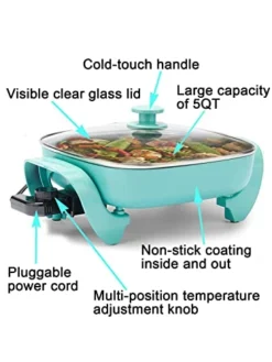 Electric Skillet Ceramic Nonstick 5QT - 12" Square With Glass Lid, Adjustable Temperature Control, Dishwasher Safe, Turquoise, Nozaya -Kitchen Island Sale 41ck5pT2JBL