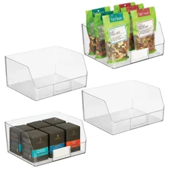 Wide Plastic Kitchen Food Storage Organizer Bin Basket With Open Front And Built-In Label Holder For Cabinets, Pantry - 12 Inch Width - 4 Pack - Clear