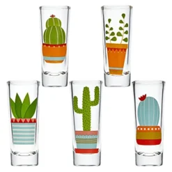 5-Pack Cactus Shot Glasses Set For Bachelorette, Fiesta Supplies, Western-Themed Party, Round, Decorative Shot Glasses With Heavy Base For Tequila, Whiskey, Vodka (2 Oz)
