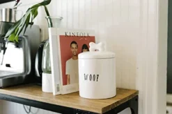 Farmhouse Ceramic Jar With "Woof" Message And Lid With Bone, White And Black -Kitchen Island Sale 41e9OJlqGYL