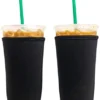 Axendale And Co Reusable Neoprene Insulator Sleeves For Iced Coffee And Cold Drink Cups (2 PK Medium 22-24oz, Black Smooth)