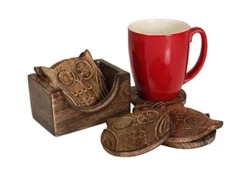 Wooden Crafted Coaster Set Of 6 With Coasters Holder For Drink Bar Coaster Tea Coffee Mug Tabletop Barware Drink Handmade Dining Home Decor (Owl Shape)