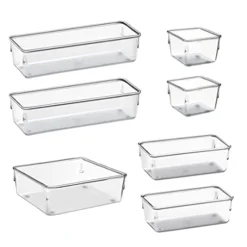 Desk Drawer Organizer Box Tray Storage Bins Modular Divider For Home, Kitchen, Office And Storage (Clear Crystal Plastic) (7 Pack - 4 Sizes)