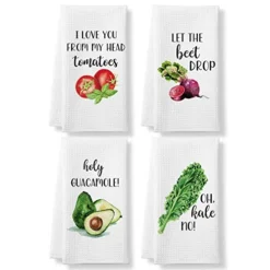 Funny Kitchen Tea Towels Foodie Housewarming Gift- Set Of 4 Dish Waffle Vegetables Towels Gift For Wedding Shower Fun Hostess Kitchen Decor Christmas New Home