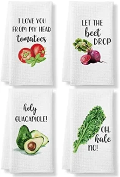 Funny Kitchen Tea Towels Foodie Housewarming Gift- Set Of 4 Dish Waffle Vegetables Towels Gift For Wedding Shower Fun Hostess Kitchen Decor Christmas New Home -Kitchen Island Sale 41giPXemIFL. AC