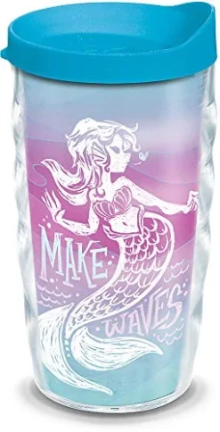 Tervis Mermaids Make Waves Insulated Tumbler With Wrap And Turquoise Lid, 10oz Wavy, Clear