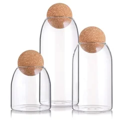 3 Pack Glass Jar With Airtight Cork Lid Ball, Clear Candy Jar Mason Jars Food Storage Canister With Seal Wood Cork Round Stopper For Serving Spice Sugar Salt Tea Coffee, 500ML, 900ML, 1200ML
