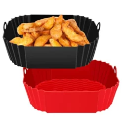 2 Pack Air Fryer Silicone Liners, 8.5''Square Air Fryer Silicone Basket,Heat Resistant Easy Cleaning Air Fryers Oven Accessories, Reusable Air Fryer Silicone Bowl Fits 4 To 7QT (Square Red-Black)