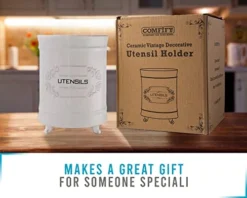 French White Ceramic Utensil Holder - Vintage Style Kitchen Utensil Caddy - Shabby Chic Cooking Utensil Organizer For Countertop - Rustic French Country Utensil Crock For Cooking Enthuziast -Kitchen Island Sale 41jCzZJXO4L