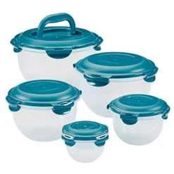 Leak-Proof Nestable Container Food Storage Bin Set, 10-Piece Round, Teal Lid