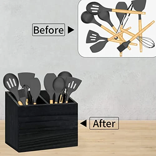 Utensil Holder For Kitchen Counter, Wood Utensil Organizer With 2 Compartments, Utensil Caddy And Silverware Organizer For Kitchen Decor, Black Kitchen Accessories 4 Utensil Holder For Kitchen Counter, Wood Utensil Organizer With 2 Compartments, Utensil Caddy And Silverware Organizer For Kitchen Decor, Black Kitchen Accessories - Image 4