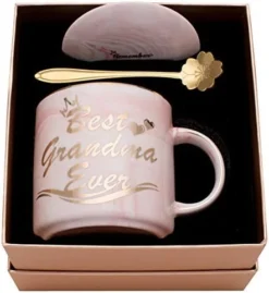Best Grandma Gifts - Gifts For Grandma - Best Grandma Ever Pink Marble Ceramic Coffee Mug 11.5oz And Lid -Kitchen Island Sale 41l2VuAcxjL. AC