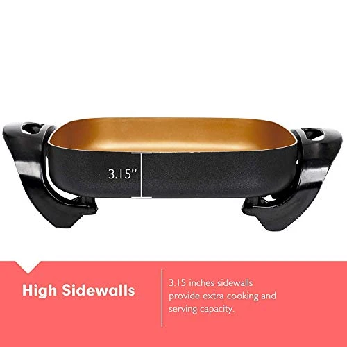 Aynel Professional Non-stick Copper Electric Skillet Jumbo, Deep Dish With Tempered Glass Vented Lid, Upgrade Thermostat, 16”x 12”x 3.15”- 8 Quart 3 Aynel Professional Non-stick Copper Electric Skillet Jumbo, Deep Dish With Tempered Glass Vented Lid, Upgrade Thermostat, 16”x 12”x 3.15”- 8 Quart - Image 3