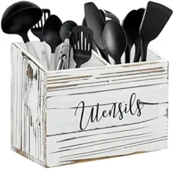 Wood Utensil Caddy For Kitchen Countertop, Utensil Holder With 2 Compartments, Wood Utensil Crock For Kitchen Counter, Kitchen Utensil Organizer For Countertop, Rustic White -Kitchen Island Sale 41mKIpBxb6L. AC
