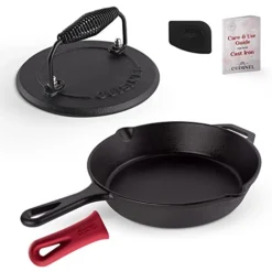 Ast Iron Skillet + Grill Press + Scraper Set - 10"-inch Pre-Seasoned Frying Pan + Silicone Handle Grip - 7" Round Burger Smasher - Indoor/Outdoor, Stove, Oven, Grill, Induction Safe Kitchen Cookware