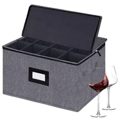 Wine Glass Storage Boxes, Stemware Storage Cases With Divider - China Storage Containers Hard Shell With Lids Holds 12 Wine Glass Or Crystal Glassware Storage Containers, Stackable With Label Window For Transport ,Protection,Moving (Dark Grey)