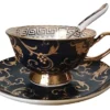 Euro Style Bone China Cup& Saucer Set, Ceramic Tea Coffee Cup For Home Kitchen Wedding (Retro Flower Pattern- Dark Blue)