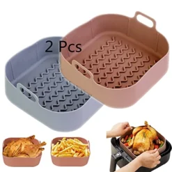 2Pcs Air Fryer Silicone Pot 8 Inch Silicone Air Fryer Liners Basket Food Safe Non Stick Air Fryer Accessories Reusable Replacement Parchment Air Fryer Liner Paper Fits 3.6 To 6.8QT Air Fryer Square