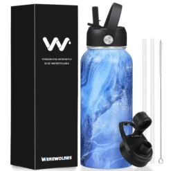 32oz Personalized Insulated Water Bottle With Straw Lid & Spout Lid, Stainless Steel Metal Bottles, Reusable Vacuum Leak Proof Wide Mouth Bottles For Adults(Blue Quicksand, 32oz)