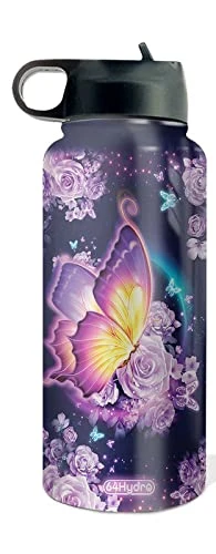 32oz Purple Butterfly Flower Inspiration Motivational Gifts Stainless Steel Bottle With Straw Lid, Double Wall Vacuum Thermos Insulated Travel Coffee Bottle - HTR0310029
