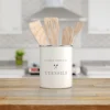 White Utensil Holder For Kitchen Countertop, Farmhouse Metal Utensil Crock, Rustic Country Decorative Kitchen Utensil Caddy Large, 5.5x6.75
