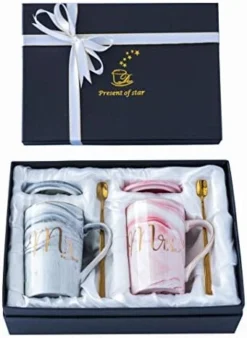 Mr And Mrs Coffee Mugs - Wedding Gifts For Bride And Groom - Gifts For Bridal Shower Engagement Wedding And Married Couples Anniversary - Ceramic Marble Cups 14 Oz Pink -Kitchen Island Sale 41qljteW7wL. AC